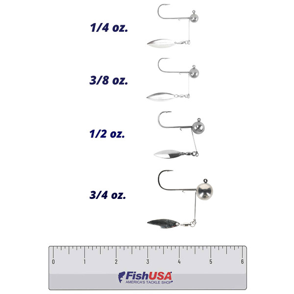 Queen Tackle LS Tungsten Underspin in all sizes (1/4 oz., 3/8 oz., 1/2 oz., 3/4 oz.) above a 6 inch FishUSA ruler