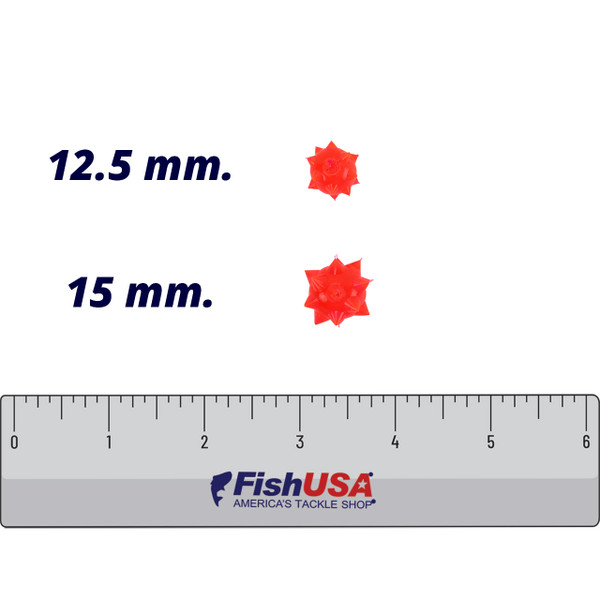 BnR Tackle BurrBeads color Red comparison of 12.5 mm, 15 mm sizes over a FishUSA ruler