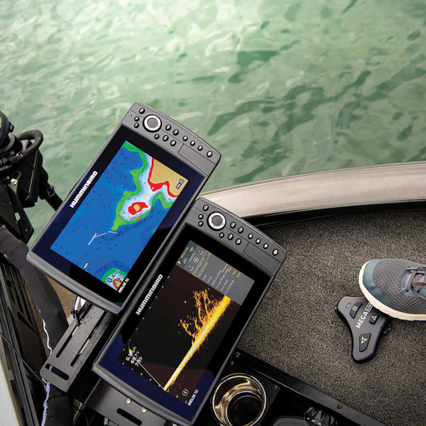 Close up of Humminbird video monitors under control of a Humminbird Mega Live TargetLock Foot Pedal