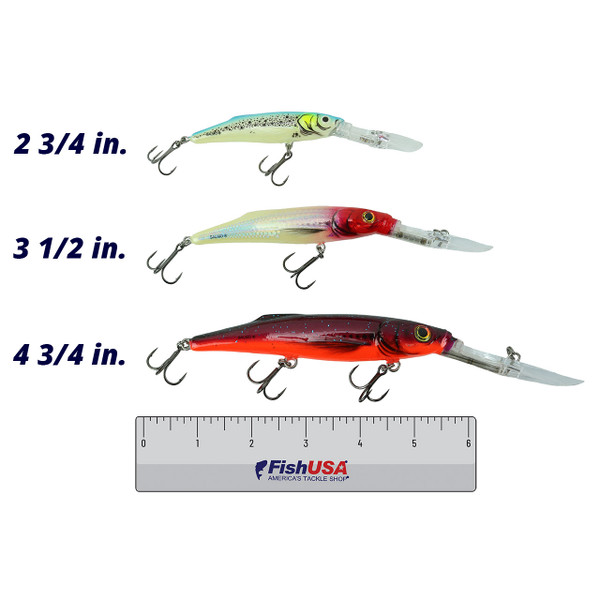 Salmo Freediver Crankbait 2 3/4, 3 1/2, and 4 3/4 inch sizes in Blue Parakeet, Holographic Red Head, and Purple Rain colors