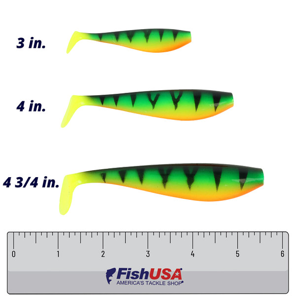 Salmo Walleye Pro Shad Swimbait size comparison of  Fire Tiger UV color 3 in., 4 in., 4 3/4 in. baits