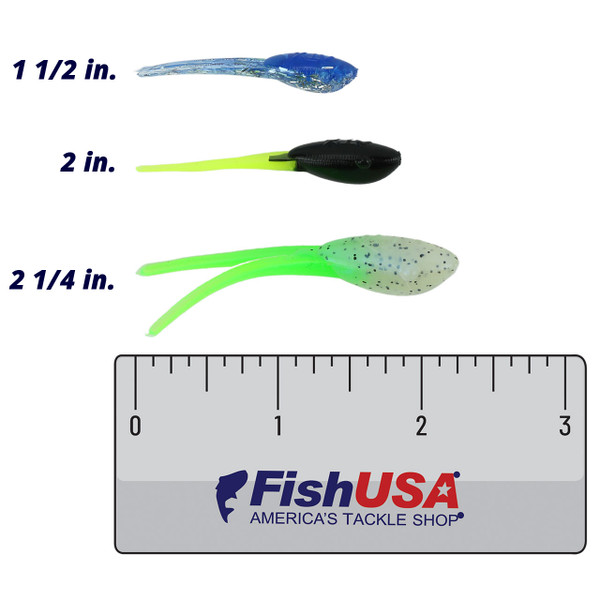 ATX Wicked Shad color Rainstorm (1 1/2 in), color Nightlight (2 in.), and color ATX Milk Green tail (2 1/4 in.) above a FishUSA ruler
