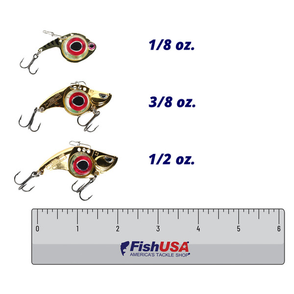Fish Daddy Dirty Bomb Minnow color Blinking pink in all sizes (1/8 oz., 3/8 oz., 1/2 oz.) above a 6 inch FishUSA ruler