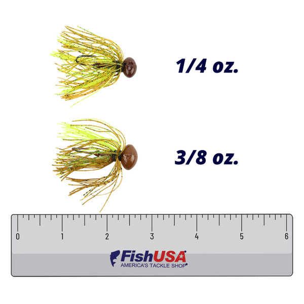 Missile Baits Ike's Micro Football Jig color Sunfish IPA in sizes 1/4 ounce and 3/8 ounce against a FishUSA ruler for size comparison