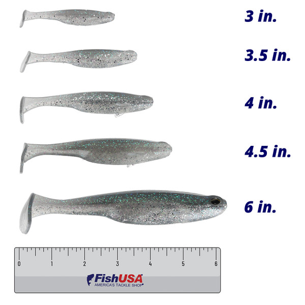 6th Sense Whale Swimbait color Pro Blue in all sizes (3 in., 3.5 in., 4 in., 4.5 in., 6 in.) above a 6 inch FishUSA ruler