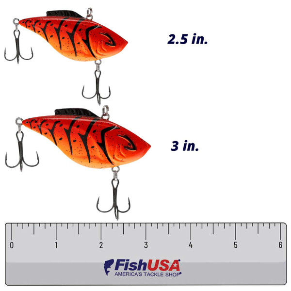 Bill Lewis Hammer-Trap color Firecraw 2.5 and 3.5 inches size comparison with FishUSA ruler