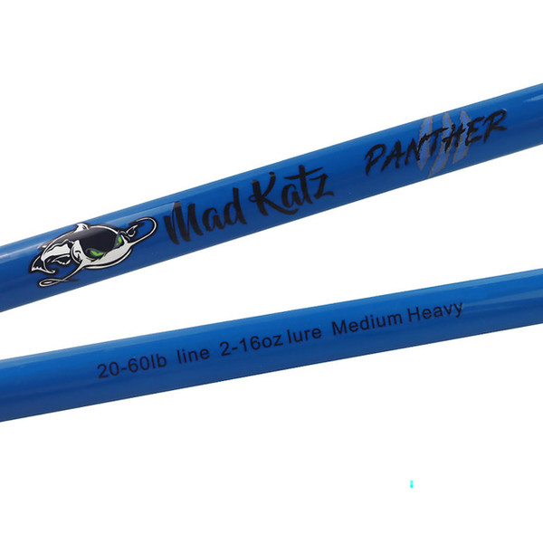 Mad Katz Spinning Rod blue Panther model logo and rod specs 20-60 lb line 2-16 oz lure Medium Heavy