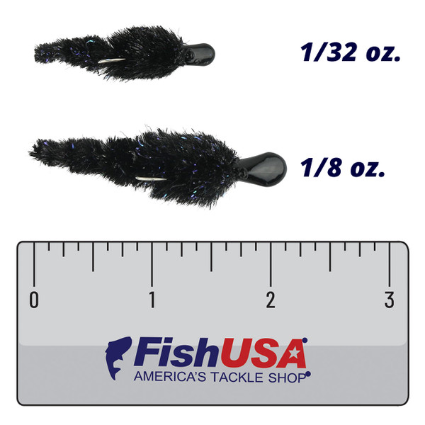 Kenders Tungsten Big Juicy Leech color Black-Black comparison between 1/8 oz. and 1/32 oz. sizes above a 3 in. FishUSA ruler
