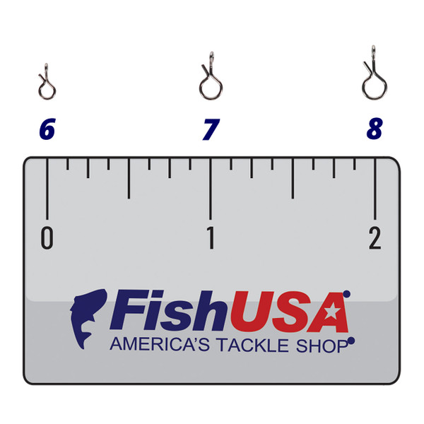 VMC Black Stainless Fast Snap in all sizes (6, 7, 8) above a 2 inch FishUSA ruler