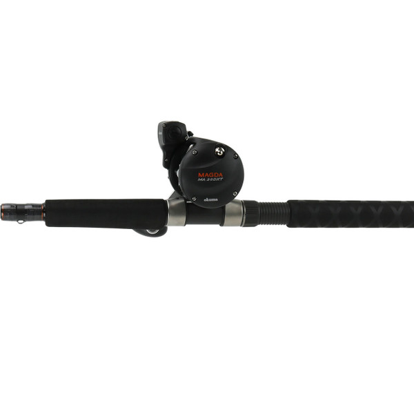 Okuma Dead Eye Classic Trolling Combo closeup of reel seat and Magda Pro Line Counter Reel MA-20DXT