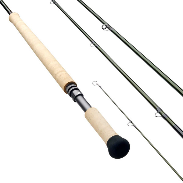 Sage Sonic Spey and Switch Fly Rods in 4 pieces showing handle, guides, and tip sections