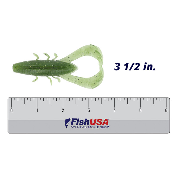 Yamamoto Nuki Bug color Baby Bass above a 6 inch FishUSA ruler