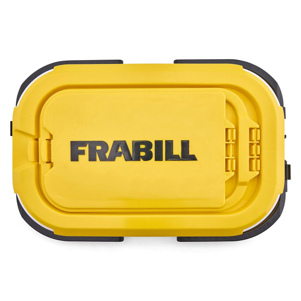 Frabill Collapsible Bait Bucket with Aerator top down view of yellow top with black Frabill logo