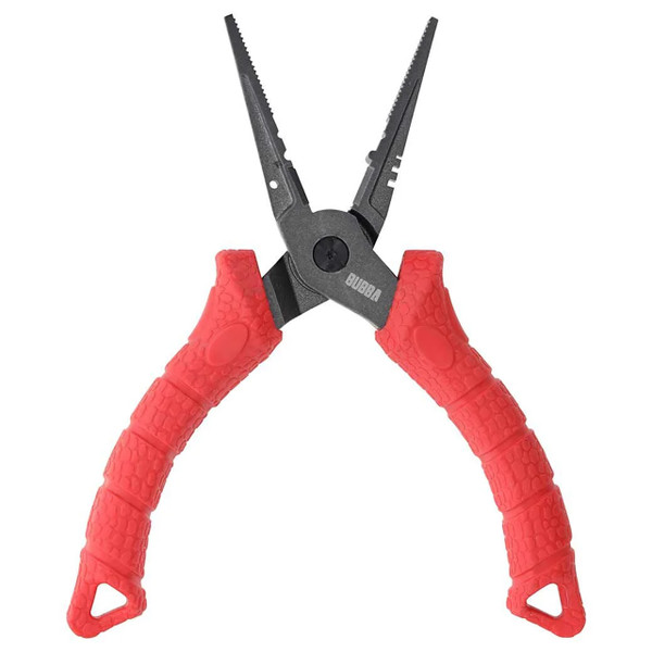 Bubba Blade Forged Fishing Pliers 7.5 inch with non-slip grip, spring-loaded design, and line cutters, includes sheath