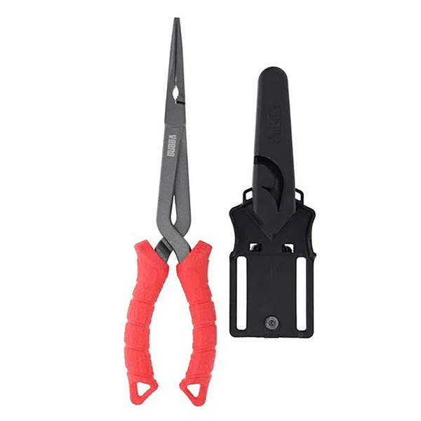 Bubba Blade 11 inch Forged Long Nose Fishing Pliers closed with Solid Lock synthetic belt sheath