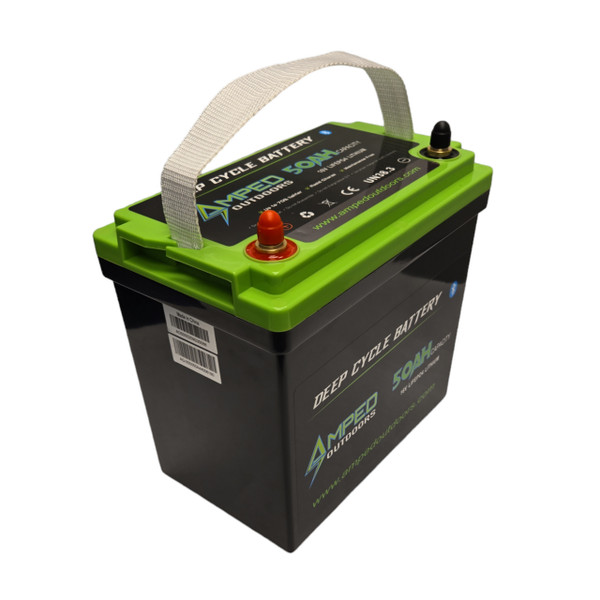 Amped 16V 50Ah Outdoors Lithium Battery with Charger side and top angle