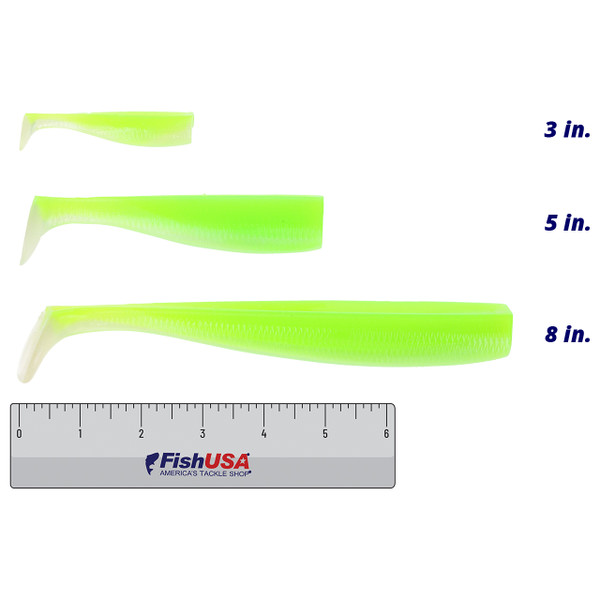 No Live Bait Needed Paddle Tails Limesider in all sizes (3 in., 5 in., 8 in.) above a 6 inch FishUSA ruler