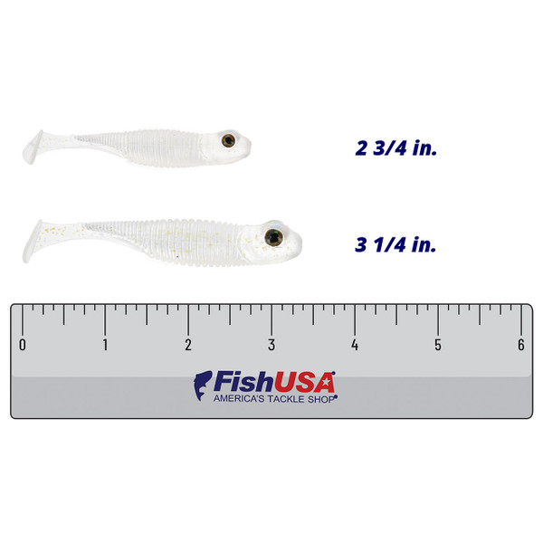 Great Lakes Finesse Dropkick Shad color Iridescent in both sizes (2 3/4 in., 3 1/4 in.) above a 6 inch FishUSA ruler