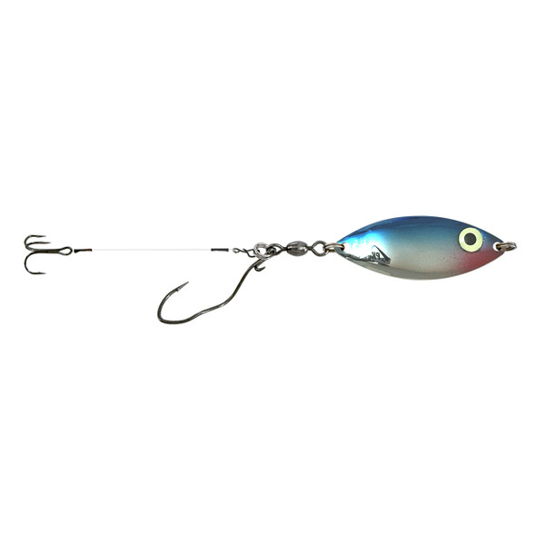 PK Lures Sonar Spoon in Blue Chrome with treble hook and swivel attachment