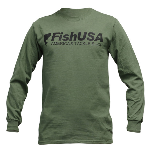 FishUSA Covert Long Sleeve T-Shirt in Military Green with front logo print, full front view