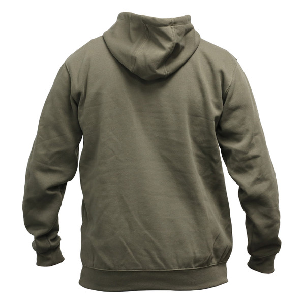 Back view of FishUSA Carhartt Covert Hoodie in Moss color with hood and rib-knit waistband