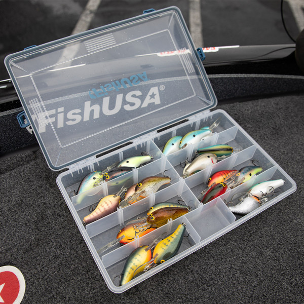 FishUSA Flagship Large Waterproof Tackle Box open in use (baits shown not included)