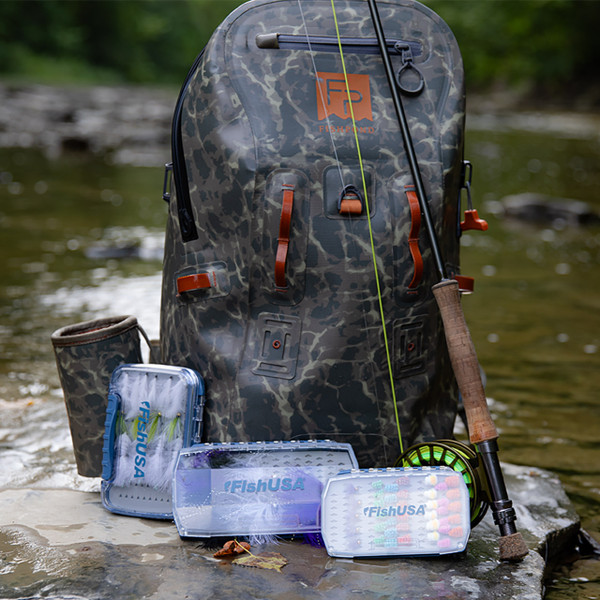 FishUSA Flagship Dual Sided Fly & Jig Box and FishUSA Flagship Magnetic Fly Box in use all together (bag, rod and fly's not included)