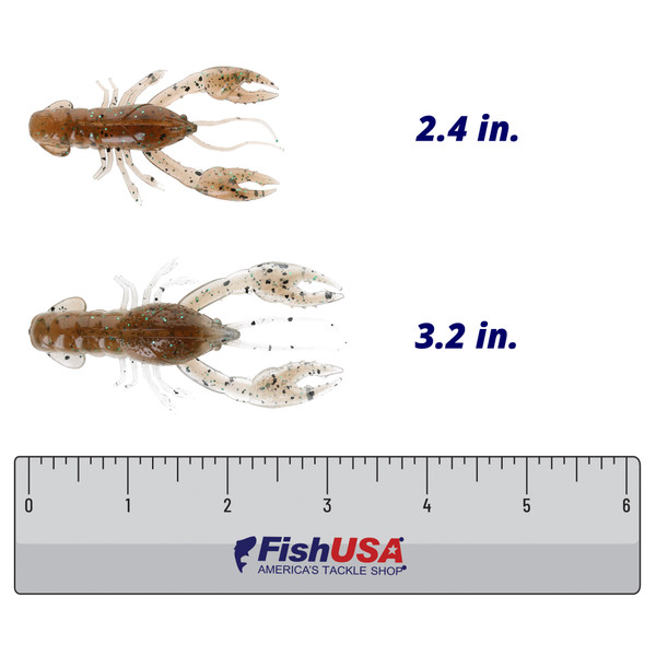 Nikko Craw color Japan Craw in both sizes (2.4 in., 3.2 in.) above a 6 inch FishUSA Ruler