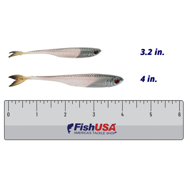 6th Sense Strobe Minnow color Green Shiner in both sizes (3.2in, 4in.) above a 6 inch FishUSA ruler