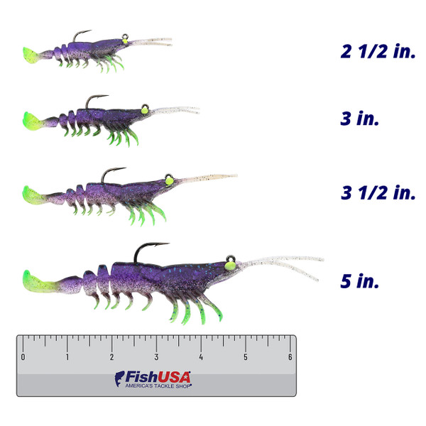 Z-Man Prawnstarz Soft Bait color Plum Chartreuse in all sizes (2 1/2 in., 3 in., 3 1/2 in., 5 in.) above a 6 inch FishUSA ruler