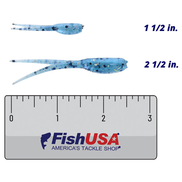 Limestone Split Tail Shad Soft Bait color Blue Monkey Milk in both sizes (1 1/2 in., 2 1/2 in.) above a 6 inch FishUSA ruler
