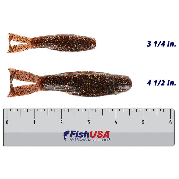 Z-Man Diezel KickerZ Soft Swimbait color Rootbeer Gold in both sizes (3 1/4 in., 4 1/2 in.) above a 6 inch FishUSA ruler