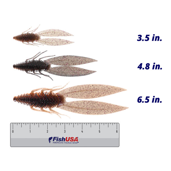 6th Sense Bodega Soft Bait color Crawfish Juice in all sizes (3.5 in., 4.8 in., 6.5 in.) above a 6 inch FishUSA ruler