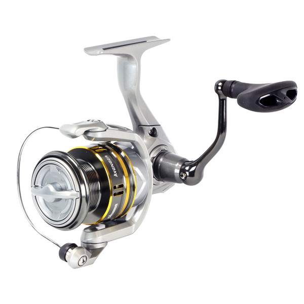 Okuma Avenger B Spinning Reel angled front view showing spool and reel handle