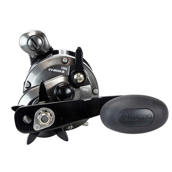 Okuma Convector B Linecounter Trolling Reel model CV-20DLB left hand retrieve side view showing reel handle