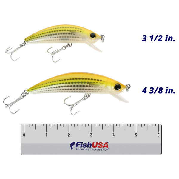 Yo-Zuri 3D Inshore Minnow color Yellow Mullet in both sizes (3 1/2 in., 4 3/8 in.) above a 6 inch FishUSA ruler