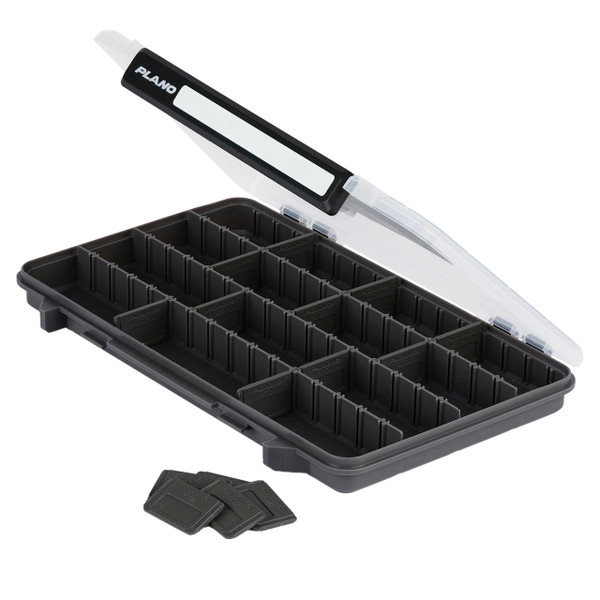 Plano StowAway 3700 Thin Tackle Box open at an angle showing the included dividers 