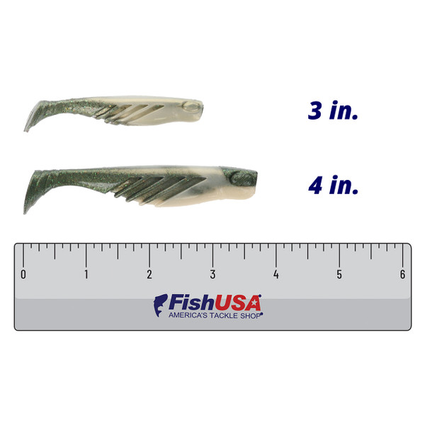 Berkley Gulp! Saltwater Ripple Mullet color Sardine in both sizes (3 in., 4 in.) above a 6 inch FishUSA ruler