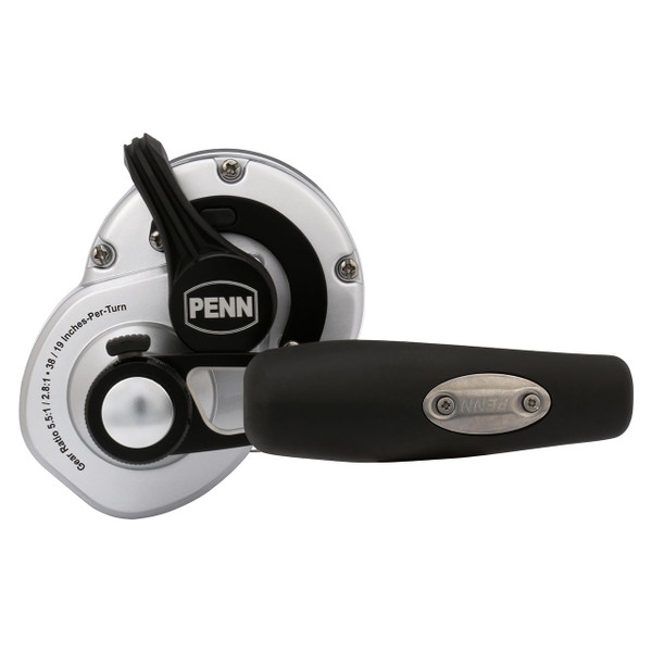 Penn Fathom II Lever Drag 2-Speed Conventional Reel model FTHII30LD2LH handle side of left handed reel