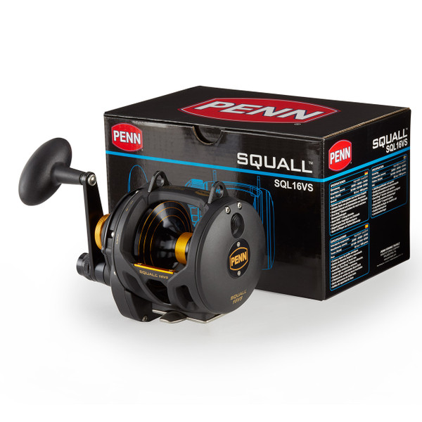 Penn Squall Lever Drag 2-Speed Conventional Reel model SQL16VS in front of Penn Squall box