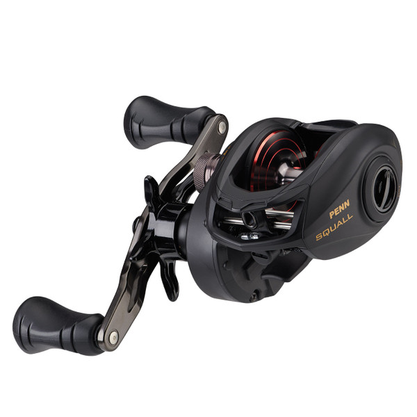 Penn Squall Low Profile Casting Reel model SQL300LPHS High Speed model with red spool opposite side of handle