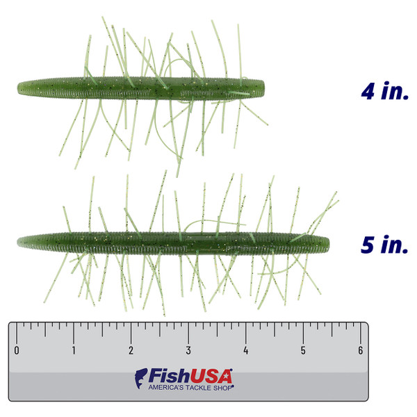 Yamamoto Fuzzy Senko Soft Bait color Baby Bass in both sizes (4 in., 5 in.) above a 6 inch FishUSA ruler