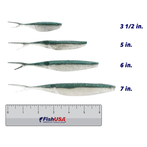 Yamamoto Hinge Minnow Soft Bait color Green Gizzard in all sizes (3 1/2 in., 5 in., 6 in., 7 in.) above a 6 inch FishUSA Ruler