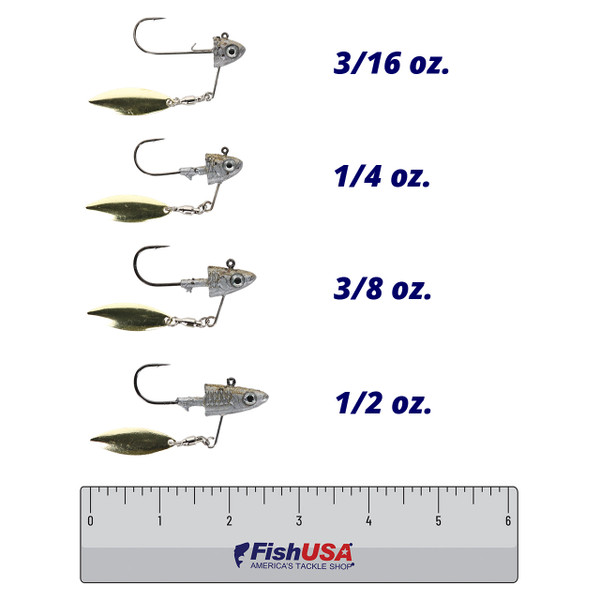 Food Chain Main Course Underspin Jig Head color Golden Shiner in all sizes (3/16 oz., 1/4 oz., 3/8 oz., 1/2 oz.) above a 6 inch FishUSA ruler