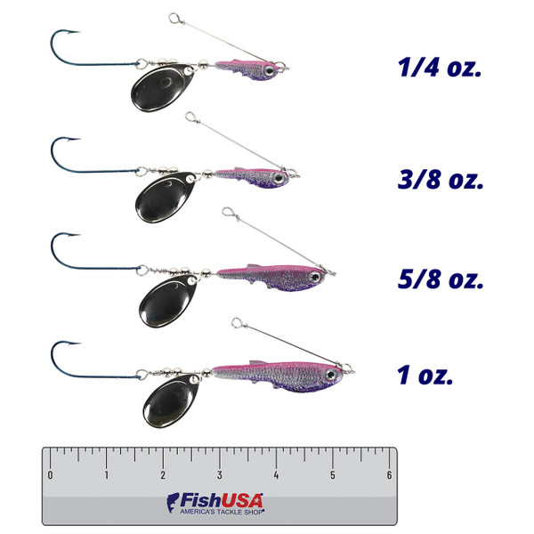 Food Chain Bait Runner Spinner color Purple in all sizes (1/4 oz., 3/8 oz., 5/8 oz., 1 oz.) above a 6 inch FishUSA ruler 