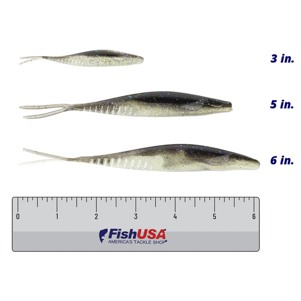 Jenko The Don color Electric Shiner in all sizes (3 in., 5 in., 6 in.) above a 6 inch FishUSA ruler