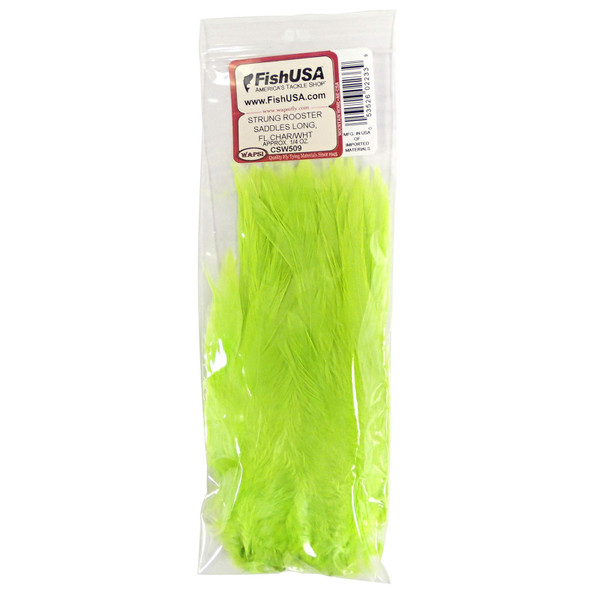 Wapsi Strung Rooster Saddles color Fluorescent Chartreuse in package