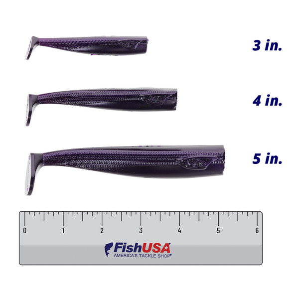 JYG Pro Swym Paddle Tail color Purple Rayne  in all sizes (3 in., 4 in., 5 in.) above a 6 inch FishUSA ruler