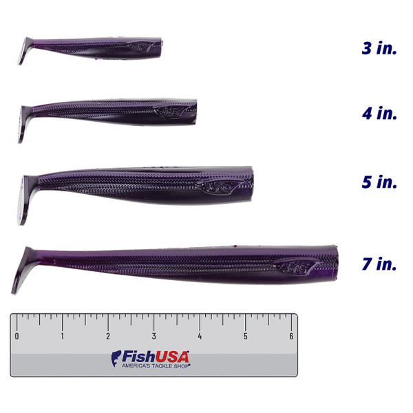 JYG Pro Swym Paddle Tail color Purple Rayne  in all sizes (3 in., 4 in., 5 in., 7 in.) above a 6 inch FishUSA ruler