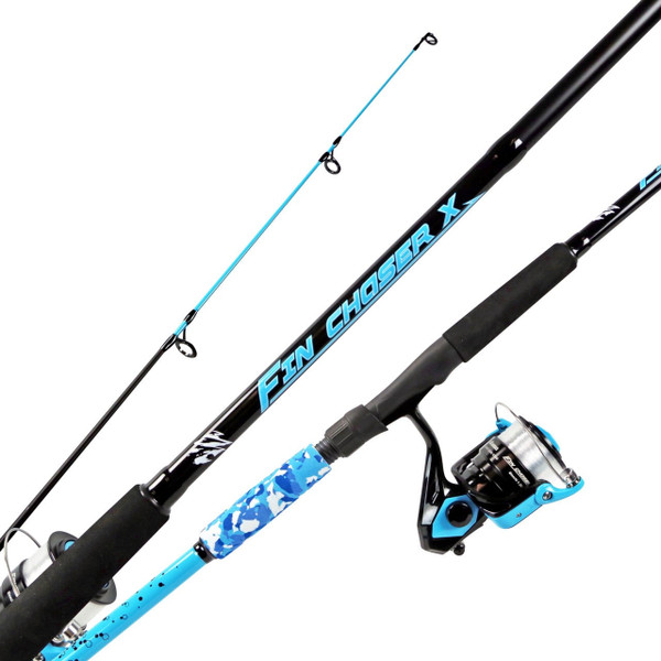 Okuma Fin Chaser-X "A" Spinning Combo close up of reel, tip, and blank